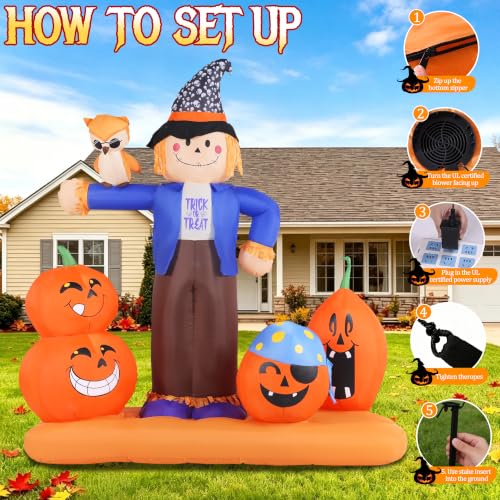 Giant Halloween Inflatable Scarecrow with Pumpkins and Owl - Outdoor Yard Decor