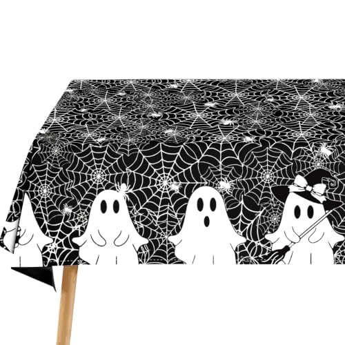 Black Halloween Tablecloth 60x120 Inch Spooky Ghost Spider Web Durable & Washable