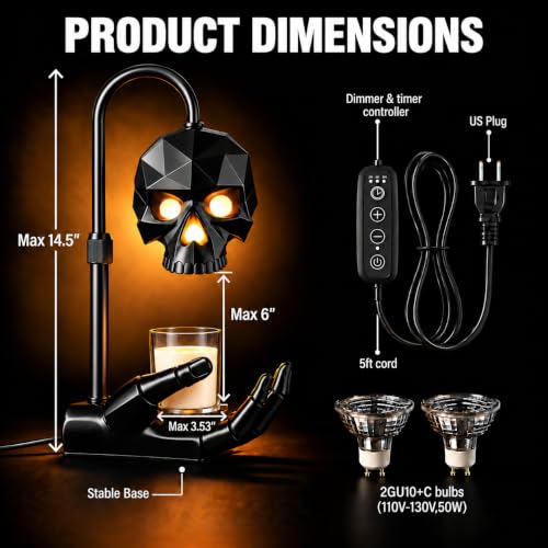 Glossy Gothic Skull Candle Warmer Lamp with Timer & Dimmer - Home Decor