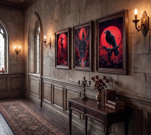 3-Pack Red Halloween Canvas Wall Art Set - 12x16 Inches Unframed, Gothic Decorative Posters
