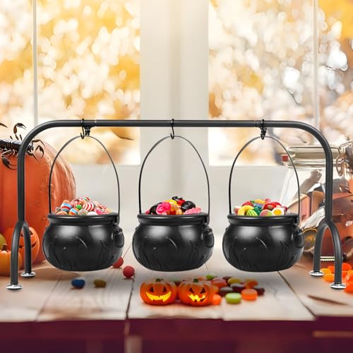 Halloween Cauldron Candy Bowls Set of 3 with Iron Rack Indoor Decorations