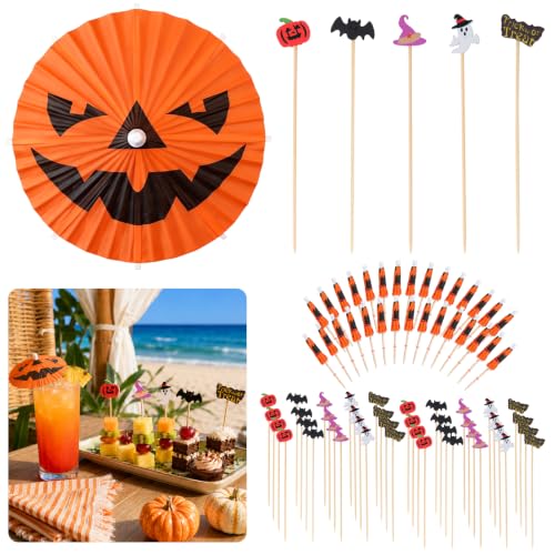 Summer Halloween Party Decorations Set with 100 Drink Umbrellas & 100 Cocktail Picks - 5 Designs for Cocktails, Cupcakes & Snacks