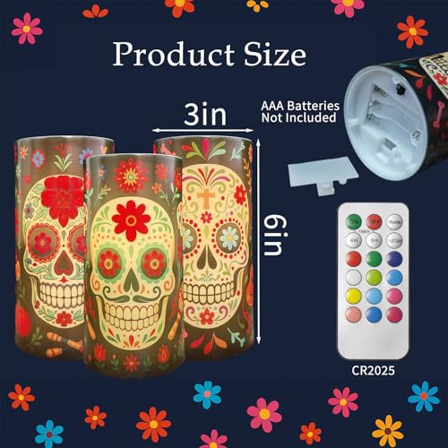 Dia De Los Muertos Flameless Candles Set with Remote Timer - 3 Pack - Variation of THIS listing
