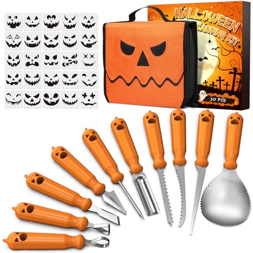 Halloween Pumpkin Carving Kit with 10 Knives, 25 Stencils & Portable Storage Bag