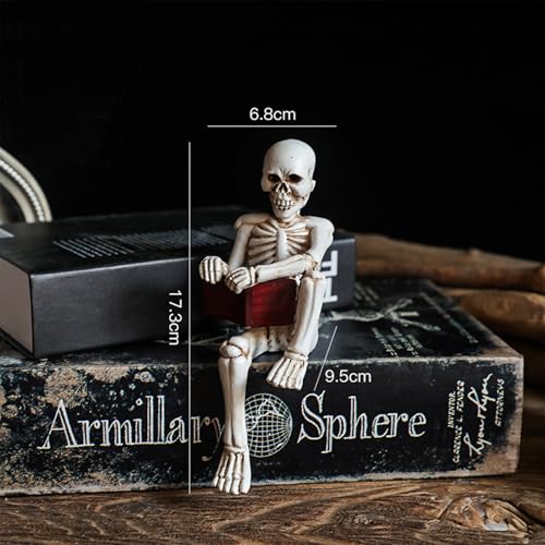 Halloween Skeleton Sitting Reading Figurine Gothic Skull Decor for Desk Shelf Fireplace