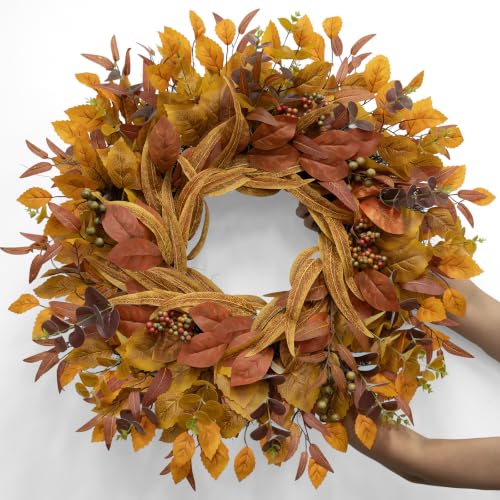 Orange Fall Wreath for Front Door - 26 Inch Eucalyptus Berry Decor