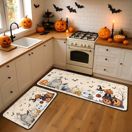Beige 2-Piece Halloween Kitchen Rugs Set - Bat & Pumpkin Non-Slip Washable Floor Mats