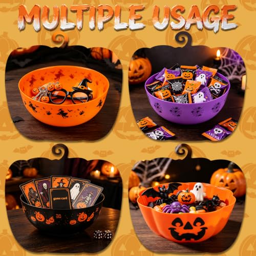 Halloween Candy Bowls Set - 4 Large Plastic Trick-or-Treat Treat Holders - Orange, Purple, Black Variations