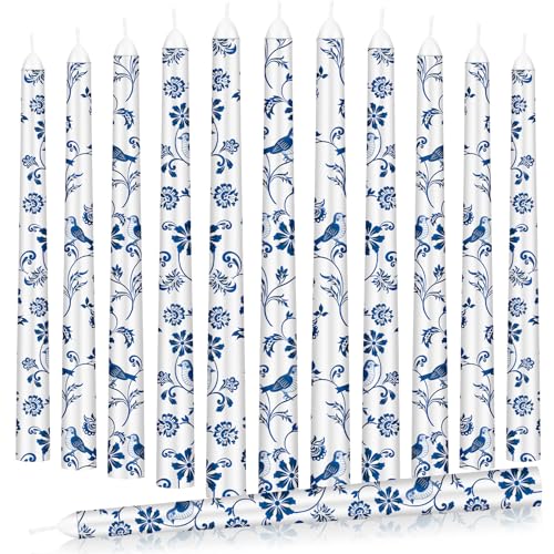 Blue White Elegant Taper Candles 12 Pack - Chinoiserie Floral 10 Inch Decor