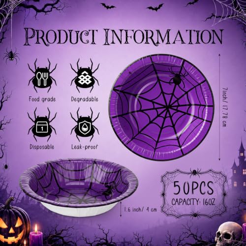 Halloween Spider Web Paper Bowls - 50 Pack 16 oz Disposable Snack & Salad Bowls - Variation of Spider Web