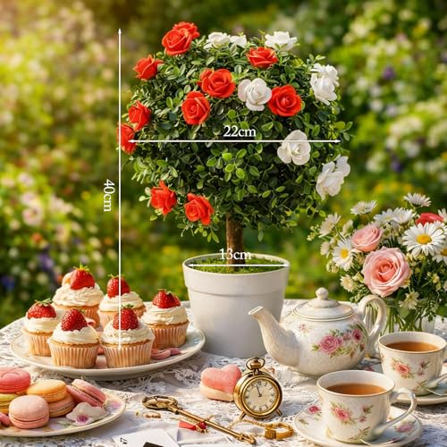 Wonderland Tea Party Rose & Topiary Tree Centerpiece - Artificial Garden Decor - 16 Inch - Variation of THIS listing