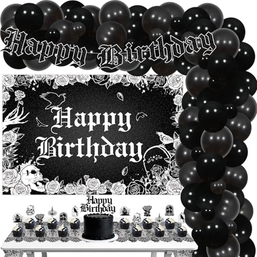 Gothic Birthday Party Decorations Set - Skull Skeleton Backdrop Banner Cake Toppers