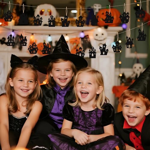 Halloween Haunted House Wooden Hanging Ornaments Set - 36pcs with Ropes - Spooky Decor