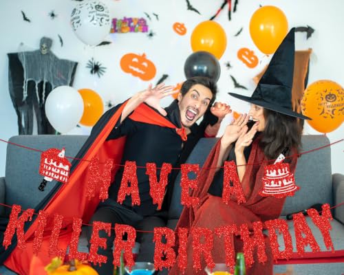 Halloween Birthday Banner Set - Glittery Scary Movie Night Party Decor
