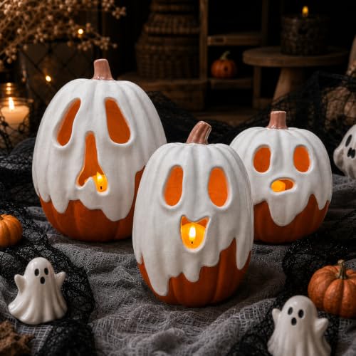 Large Halloween Ghost Pumpkin Decor with Flameless Candle - Indoor Outdoor Table Centerpiece