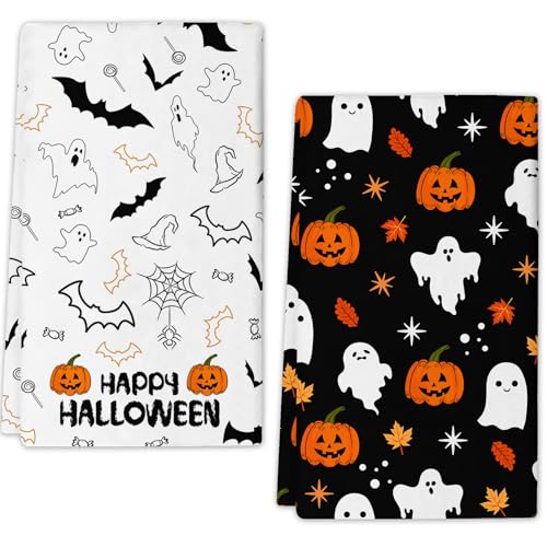 Halloween Kitchen Towels Set of 2 - Pumpkin Bat Ghosts Maple Leaf 18x26 Inches