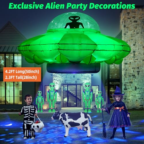 Alien Party Decorations 4.2FT Hanging UFO Cow Abduction Inflatable with 2 Jumbo Aliens & Cow - Halloween Yard Decor with LED Lights