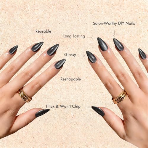 Black Cat Eye Press-On Nails Almond Glitter Chrome Finish - Reusable 30 pcs, Medium Length, Salon Quality