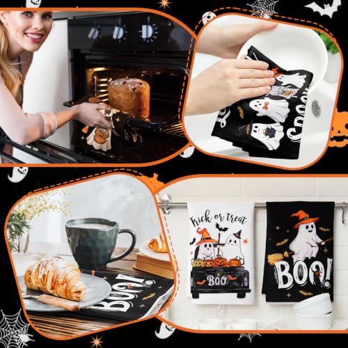 Halloween Ghost Kitchen Towels Set - 12 Spooky Pumpkin Dish Hand Towels with Variation Black+Pink