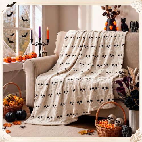 Halloween Throw Blanket 50x60in Skull Design Plush Blanket for Fall Decor