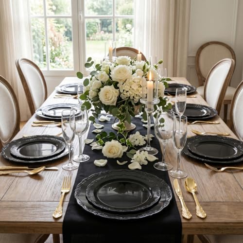 Black Plastic Dinnerware Set - 150Pcs Disposable Plates & Gold Cutlery for Party
