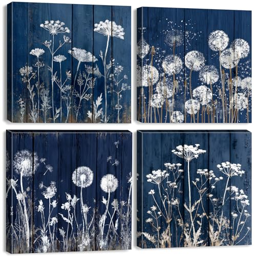 12x12 Inch Navy Blue Dandelion Wall Art Set - Rustic Botanical Canvas Prints - Farmhouse Boho Decor