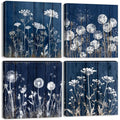 12x12 Inch Navy Blue Dandelion Wall Art Set - Rustic Botanical Canvas Prints - Farmhouse Boho Decor