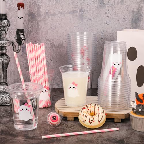 White Ghost Halloween Disposable Plastic Cups with Lids & Straws - 50 Pcs