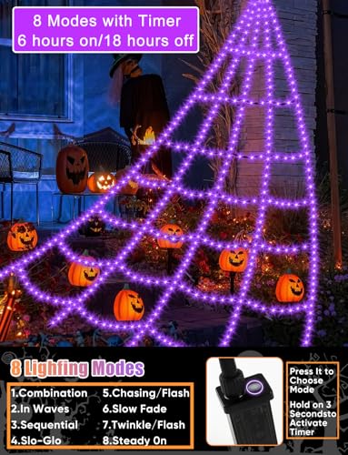Purple Outdoor Spider Web Lights - 16.4Ft Waterproof 550 LEDs, 8 Modes Halloween Decoration