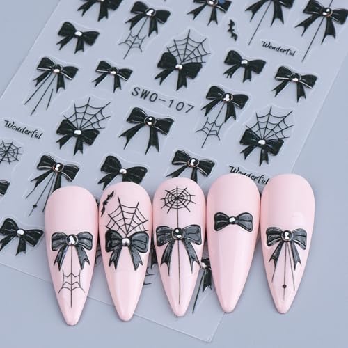 Halloween Nail Art Stickers Decals 2 Sheets C8 Spider Web & Bow Pattern - Black 5D Embossed Tips Decoration