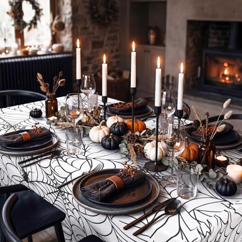 Halloween Spiderweb Tablecloth 6ft White Stretch Cover — 2 Pack, Spiderweb Design, Reusable