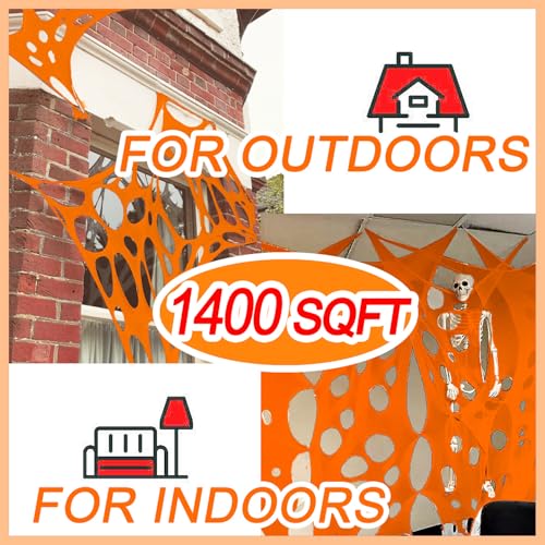 Orange Giant Spider Web Set - 1400 Sqft Glow in The Dark Halloween Decorations with Blacklights