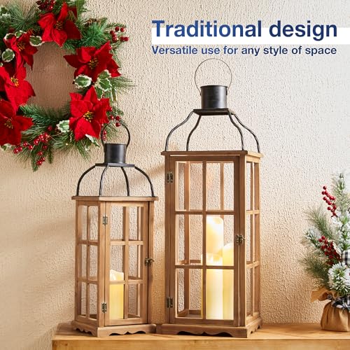 Natural Wood & Black Metal Farmhouse Candle Lanterns Set of 2 - 25 & 18.75 Inches