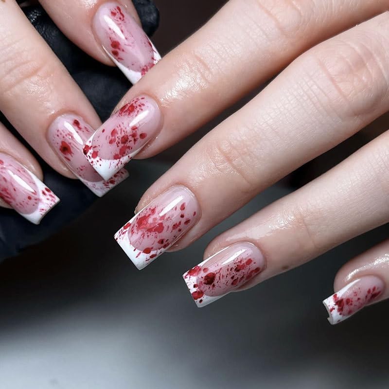 Halloween Press On Nails Medium Square with White French Tips and Blood Drop Design - Style 29, 24Pcs