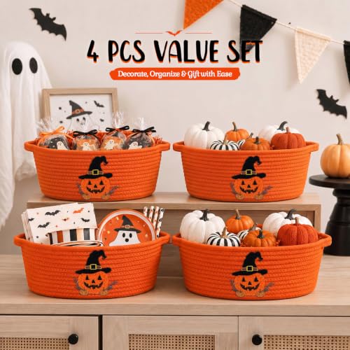 Halloween Pumpkin Basket Set - Woven Cotton Rope Storage Bins with Handle - Orange Witch Hat Design, 12x8x5 Inches - Variation of Pumpkin