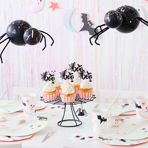 Halloween Boo Cupcake Toppers Glitter Spider Web Bat Set - Pattern A4, 24 pcs