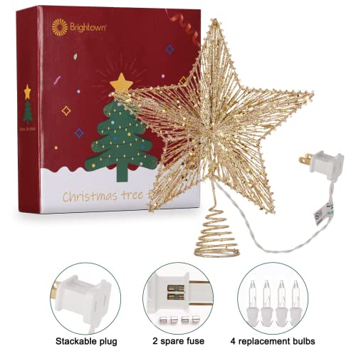 Christmas Star Tree Topper with Built-in 10 Bulb String Lights - 11” Gold Glittered Metal