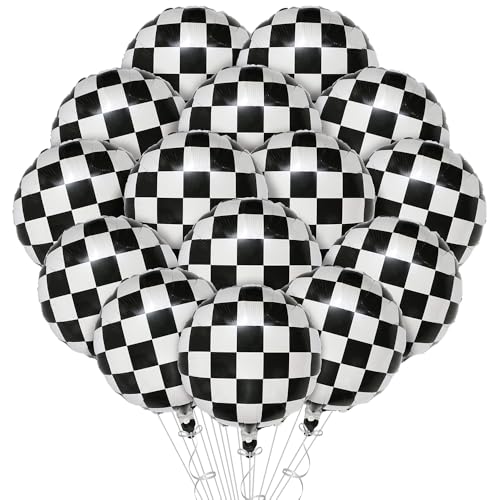 Black and White Checkered Balloons - 18 Inch Foil Race Car Party Decor, 15 Pack