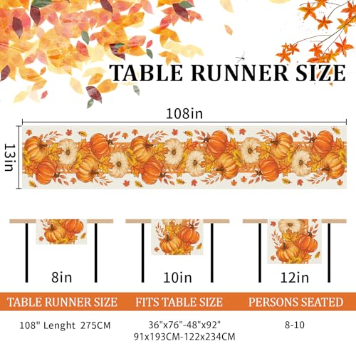Fall Table Runner 13x108 Inch - Pumpkin & Maple Leaf Design, Yellow Fall Variation
