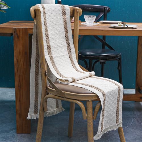 Boho Cotton Linen Table Runner 12 x 132 Inches - Beige & Brown Farmhouse Decor