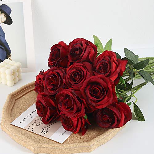 Artificial Roses Flowers Bulk Set - Gradient Burgundy Silk Long Stems for Wedding & Home Decor (50 Pieces)