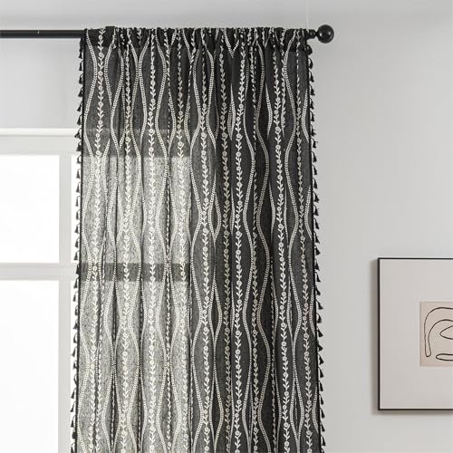Boho Curtains 63 Inch Length Black Stripe Floral Tassel Drapes for Kitchen & Dining Room - Pack of 1
