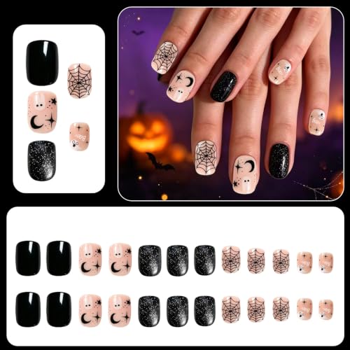 Halloween Short Square Press On Nails Set - Cute Black Fake Nails with Ghosts & Spider Webs, 24Pcs