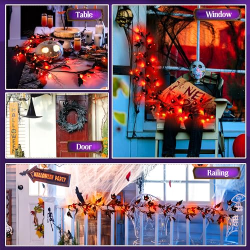 Halloween Garland with Orange LED Lights - 6.56 ft Lighted Vine Twig String Lights, 8 Modes & Timer, 12 Ornaments, Battery Operated, Indoor Decor - Orange
