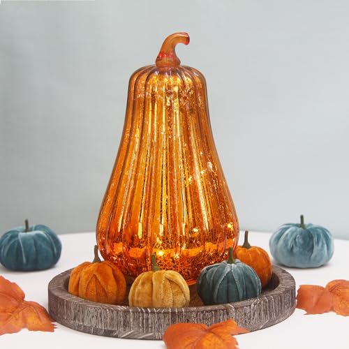 Mercury Glass Pumpkin Lights with Timer - Gold, 11 Inch Fall Halloween Decor