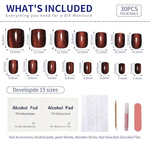 Short Wine Red Cat Eye Press On Nails with Color-Shifting Glow - M05 Crimson Spell