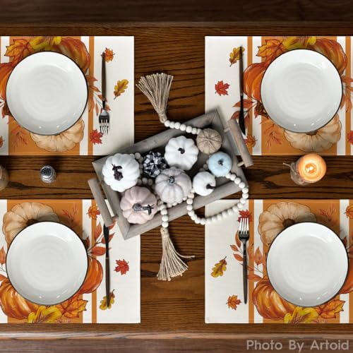 Pumpkin Leaves Fall Placemat Set of 4 - 12 x 18 Inch Rectangular Orange