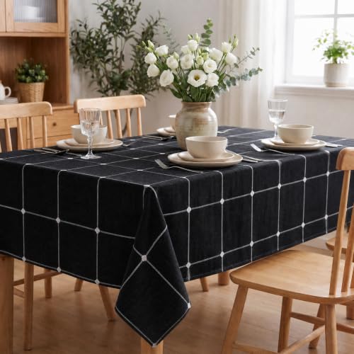 Farmhouse Plaid Tablecloth - Black 60x84 Inch Rectangular Kitchen Decor