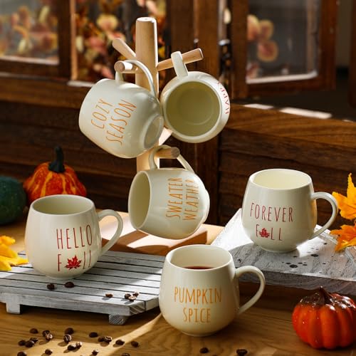 Fall Coffee Mug Set - 6 Pcs Autumn Ceramic Cups with Handles, Thanksgiving & Holiday Gift