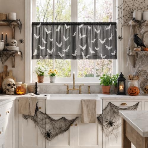 Black Sheer Window Valance 52x14 Inches Pack of 2 - Bats Halloween Decor